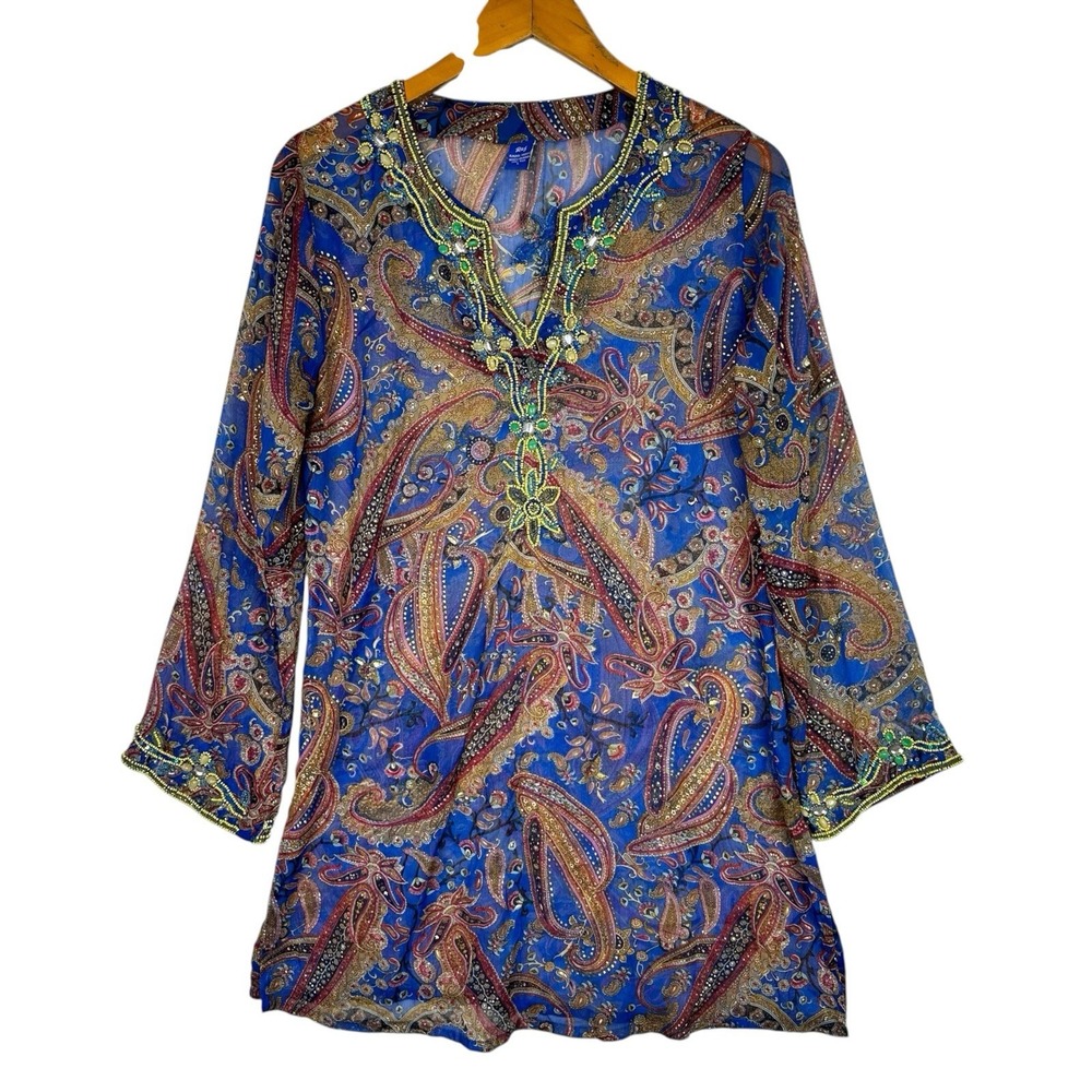 Raj 100% Silk Tunic Dress L Blue Paisley Beaded Sequin Boho Embellished India